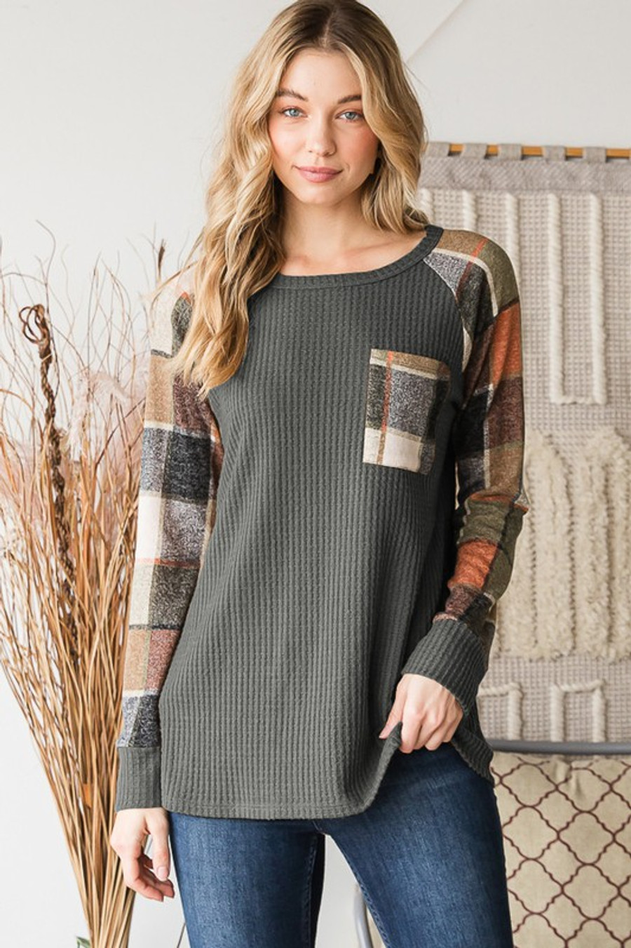 Solid Waffle and Plaid Top In Charcoal Grey