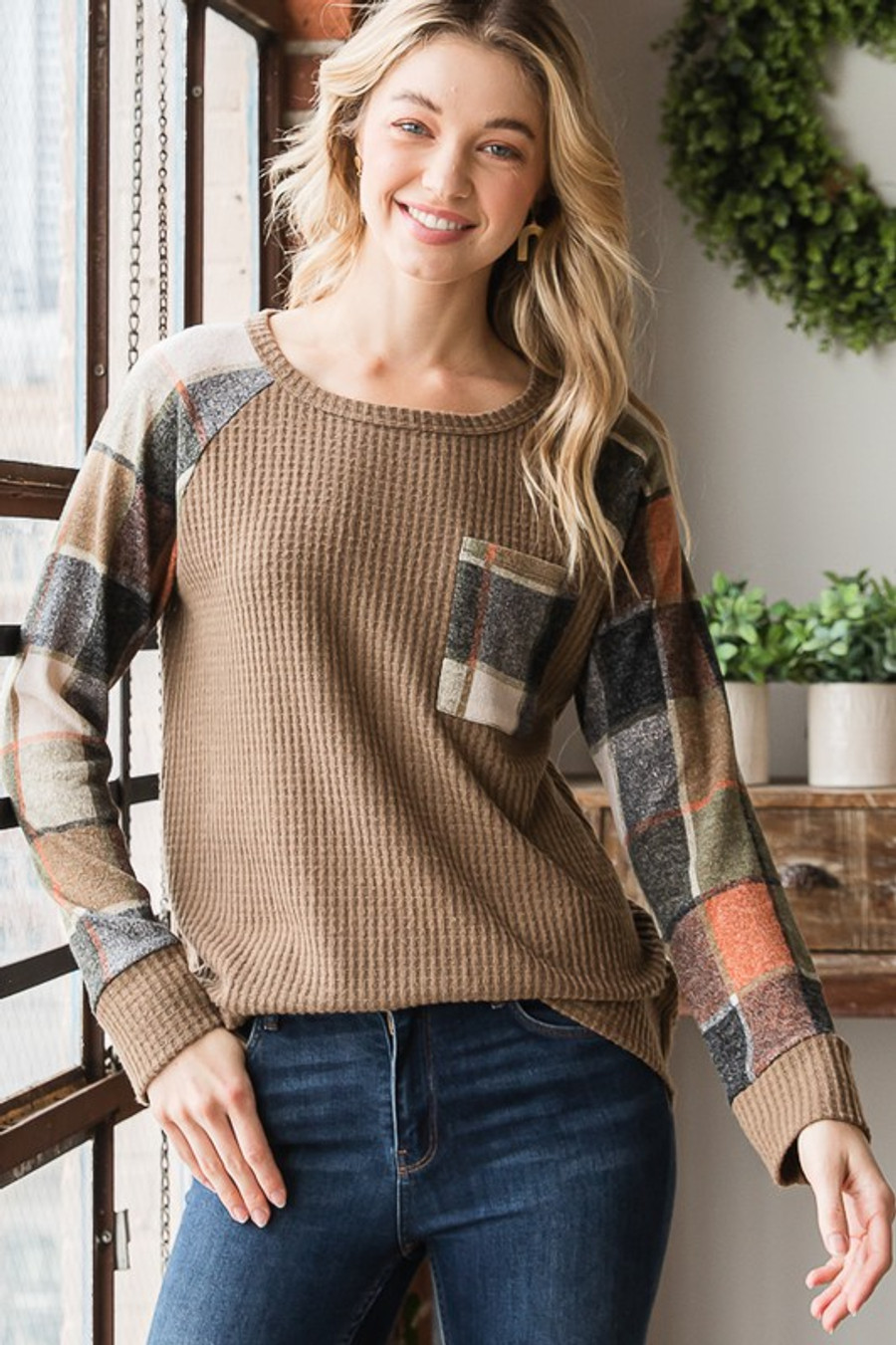 Solid Waffle and Plaid Top In Taupe