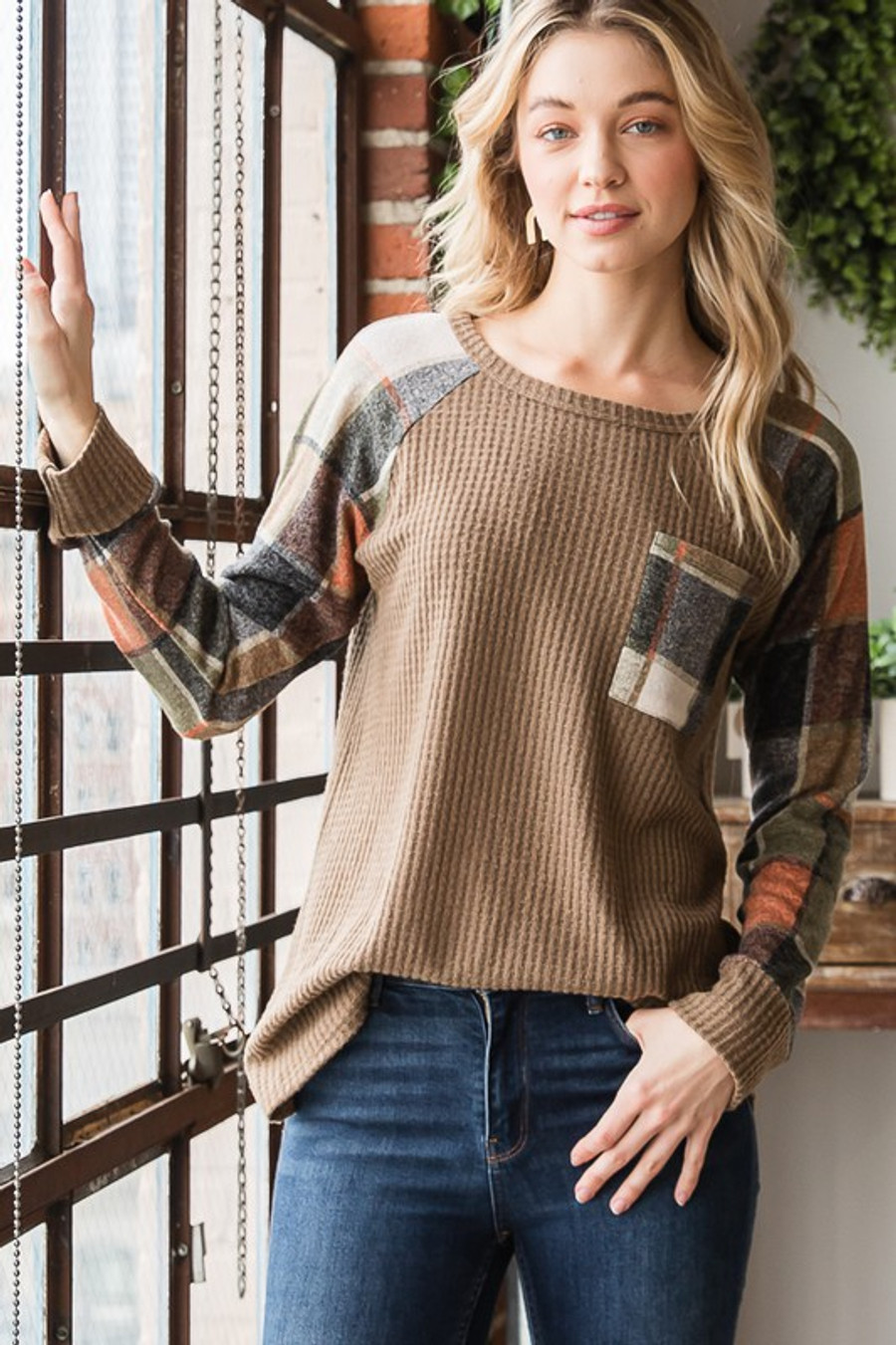 Solid Waffle and Plaid Top In Taupe