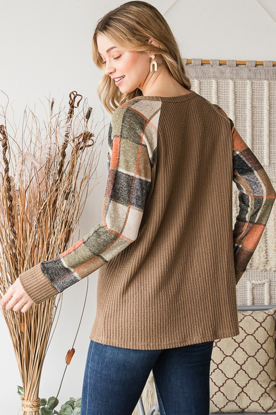 Solid Waffle and Plaid Top In Taupe