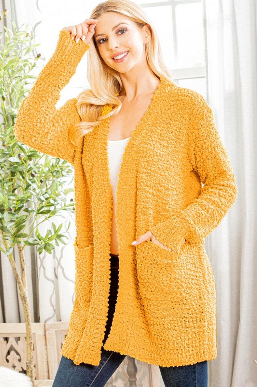 Solid Open Sweater Cardigan In Mustard 