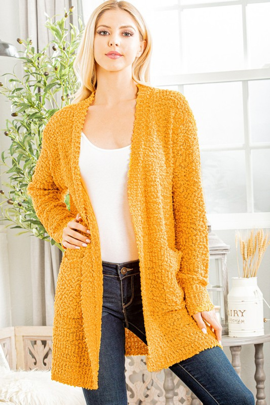 Solid Open Sweater Cardigan In Mustard 