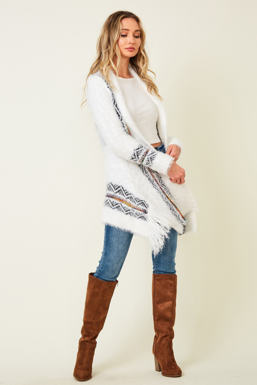  Aztec Print Long Sleeve Cardigan In Ivory