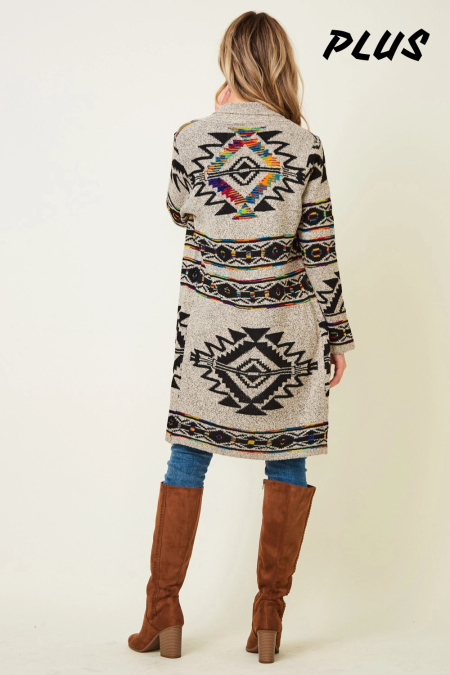 Plus Aztec Rainbow Jacquard Pattern Sweater Cardigan