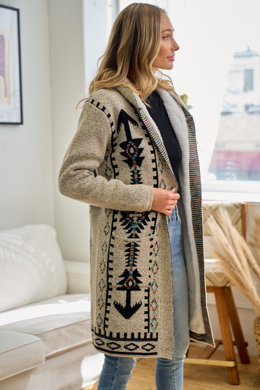 Rainbow Aztec Print Long Sleeve Hooded Cardigan