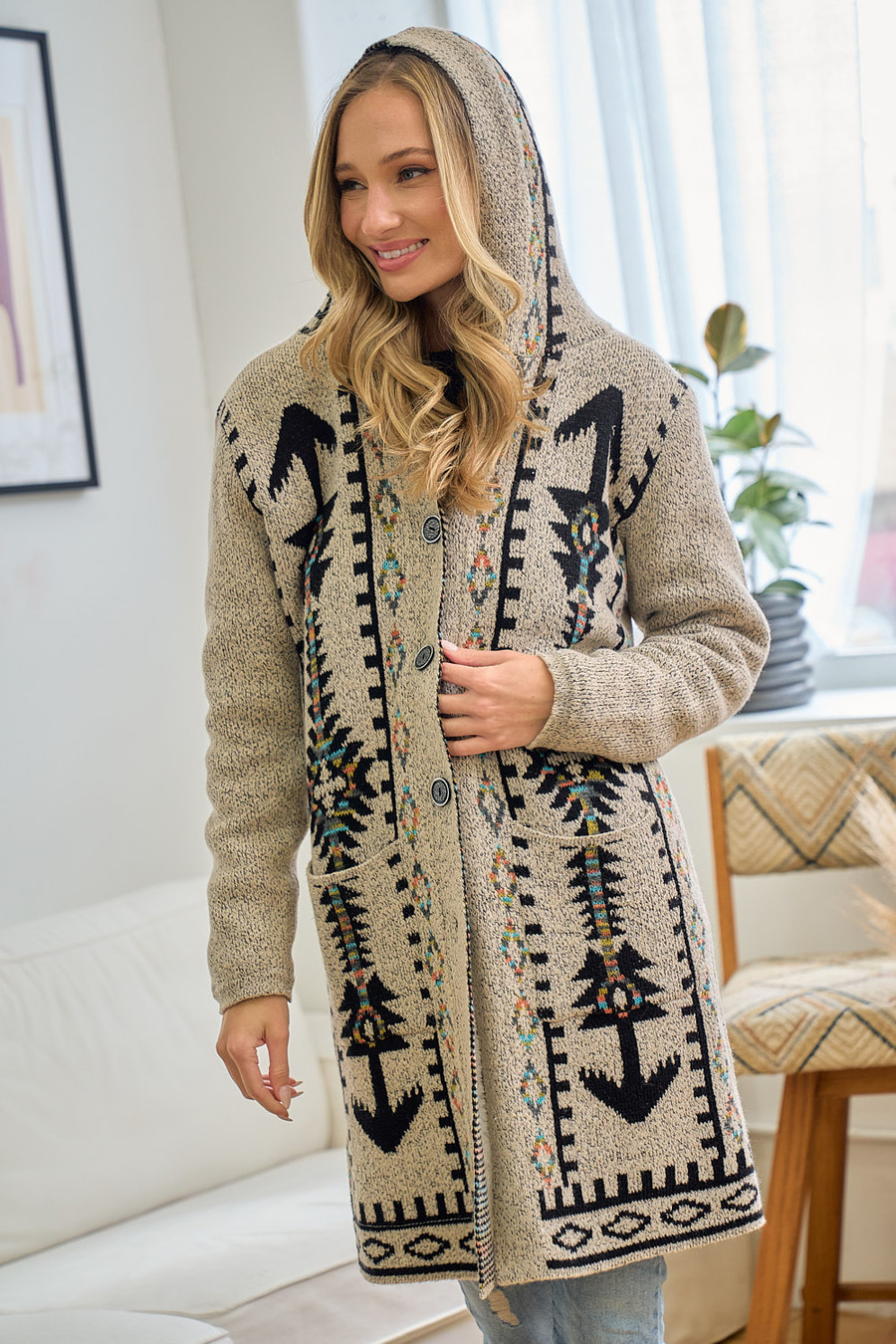 Rainbow Aztec Print Long Sleeve Hooded Cardigan