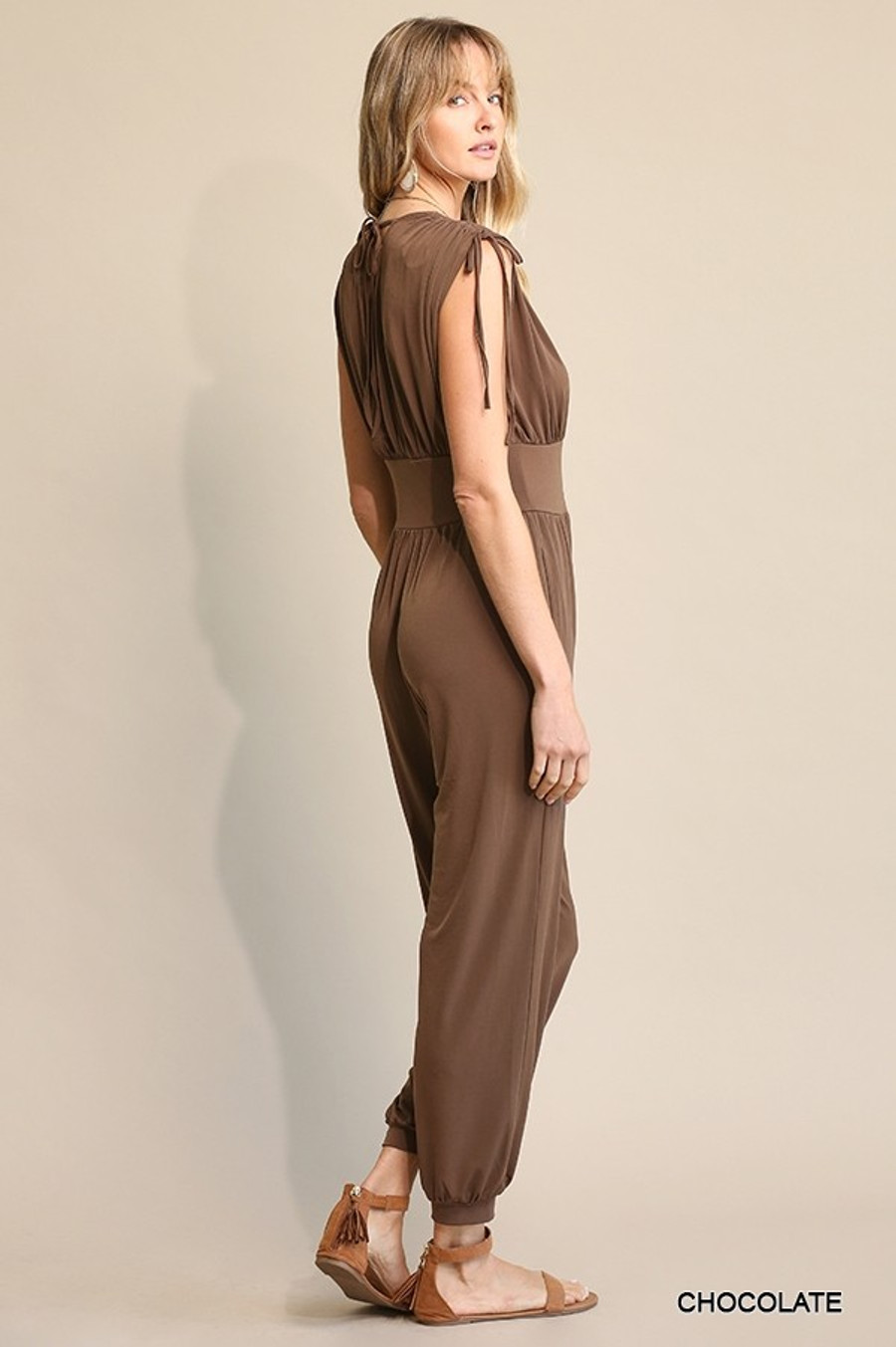  Solid & Ruched Drawstring Detail Jogger Jumpsuit- In Chocolate 