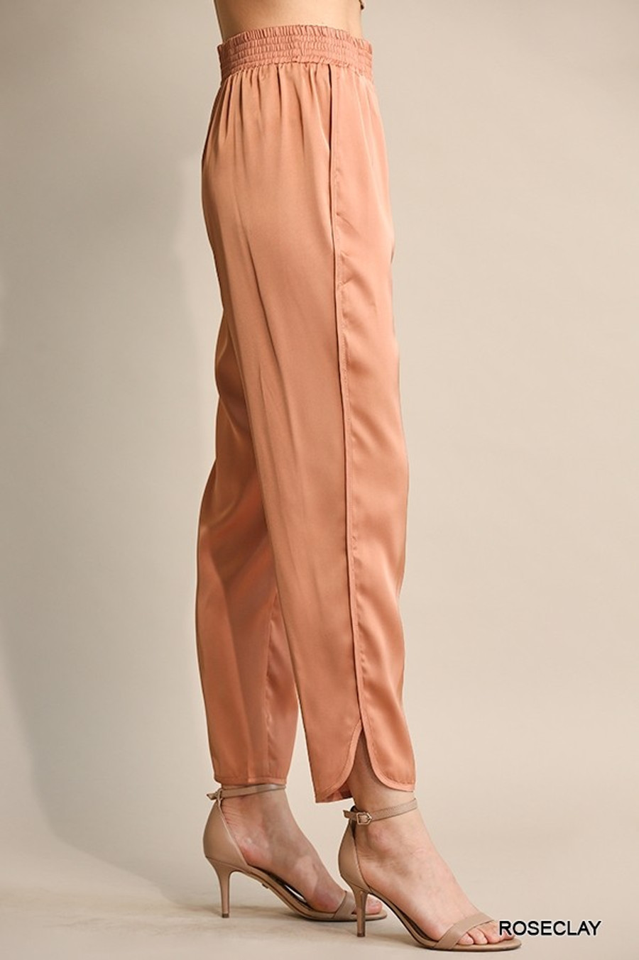 Solid Satin & Elastic Waist Pants W/Side Slits & Pock- In Rose Clay 