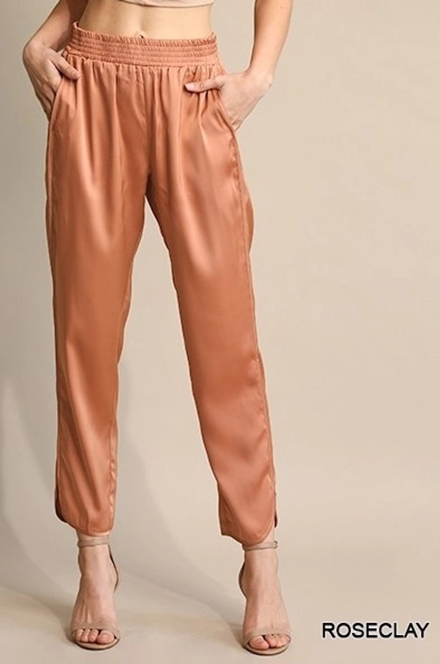 Solid Satin & Elastic Waist Pants W/Side Slits & Pock- In Rose Clay 