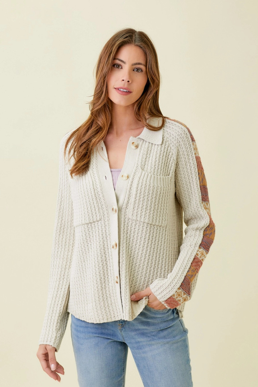 Mixed Weaving Sweater Jacket In Oatmeal