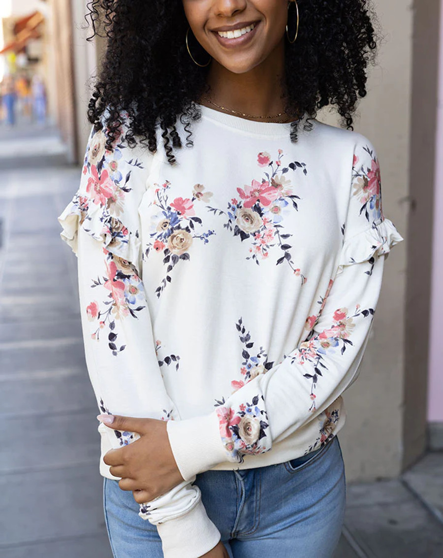 Grace and Lace- So Soft Ruffle Sleeve Pullover in Vintage Floral