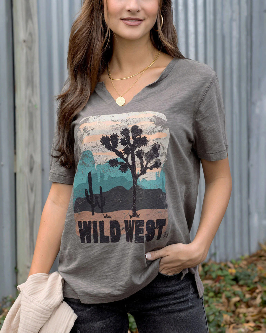 Grace and Lace-Notched Neck Washed & Worn Graphic Tee - Wild West