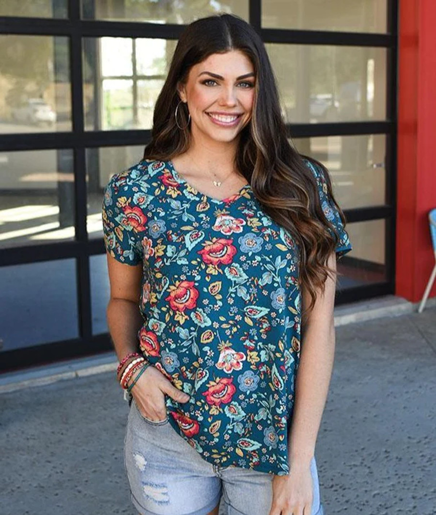Grace and Lace- Perfect V-Neck Tee In Teal Floral