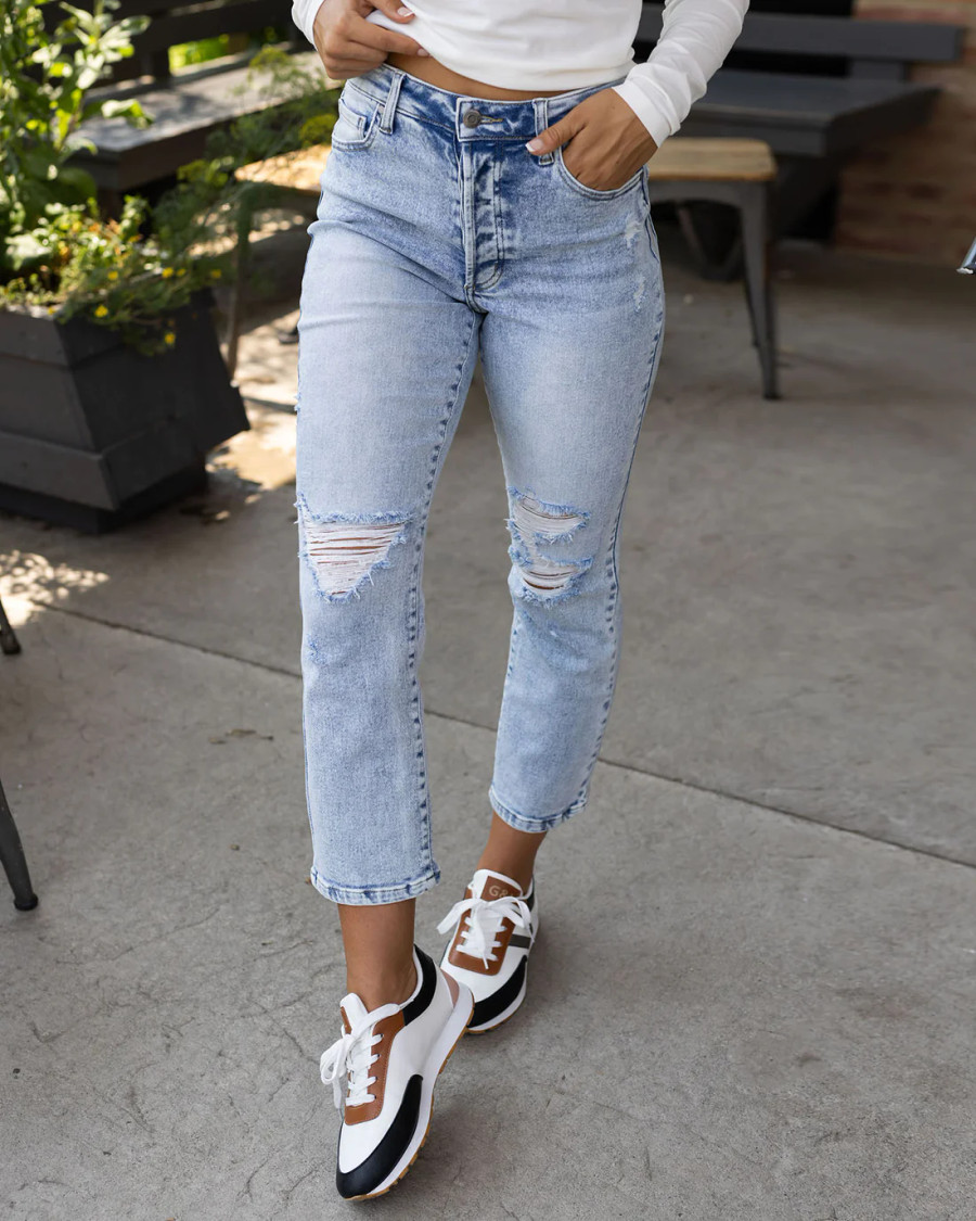 Grace and Lace- Premium Denim High Waisted Mom Jeans - Distressed Light Mid-Wash