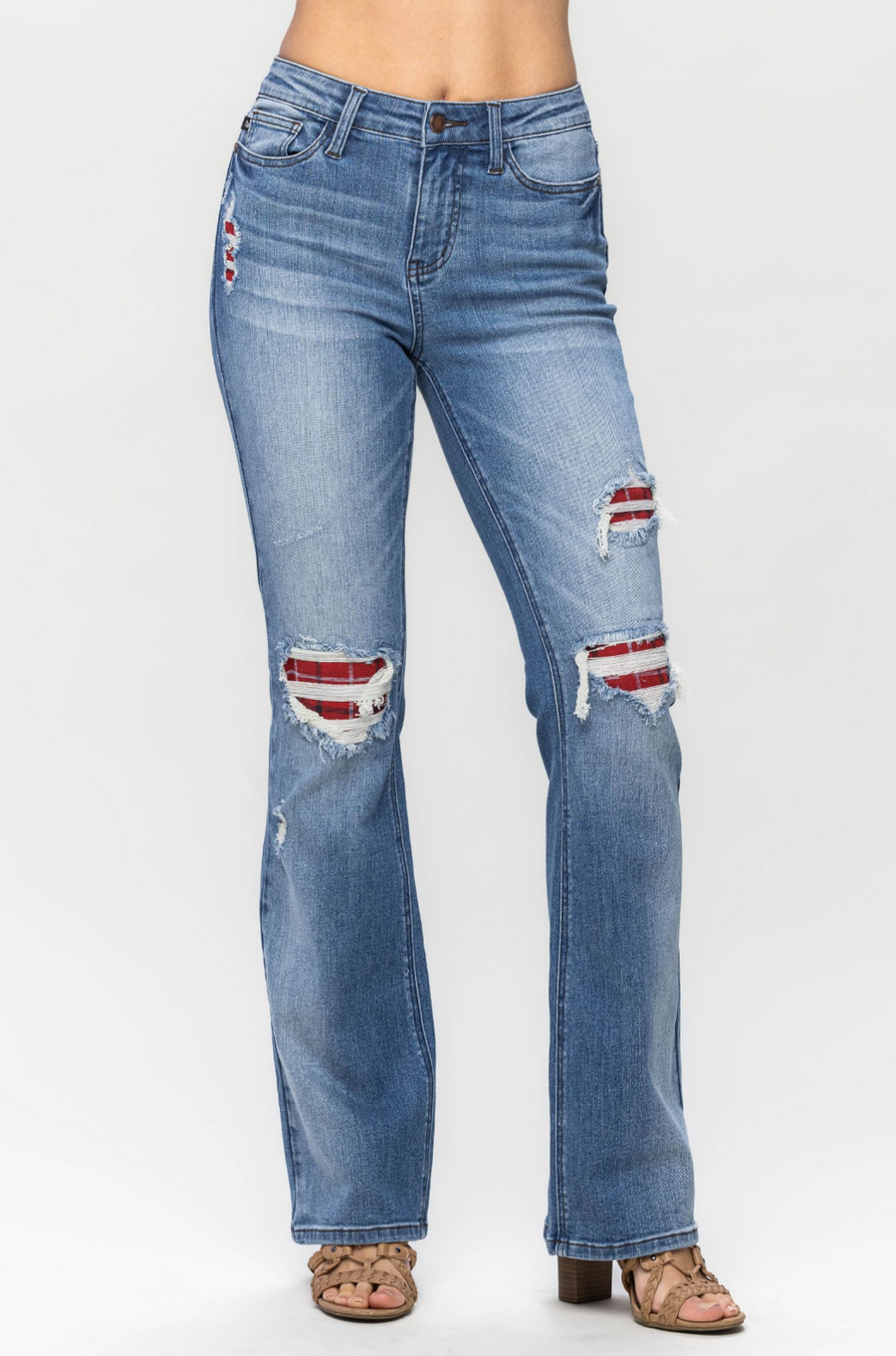 Judy Blue- Mid Rise Plaid Patch Detail Bootcut Jeans - Regular Size