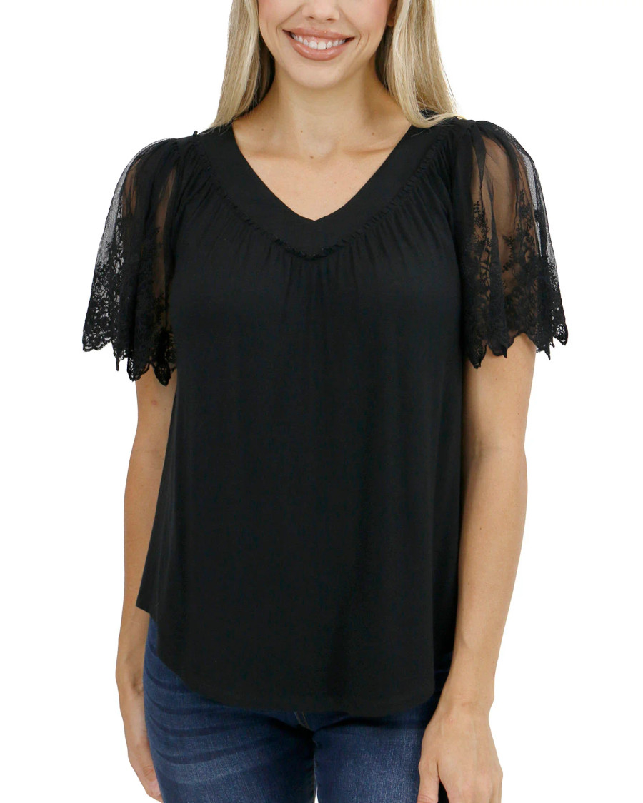 Grace and Lace- Sable Black Lace Sleeve Top