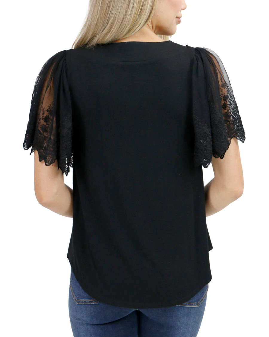 Grace and Lace- Sable Black Lace Sleeve Top