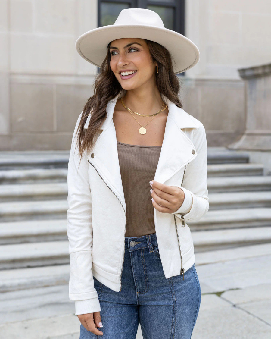 Grace and Lace- Move Free Leather Like Moto Jacket In Cream