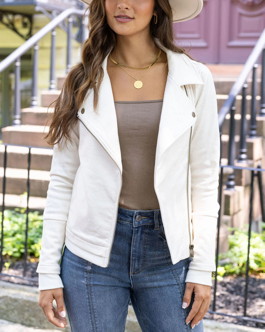 Grace and Lace- Move Free Leather Like Moto Jacket In Cream