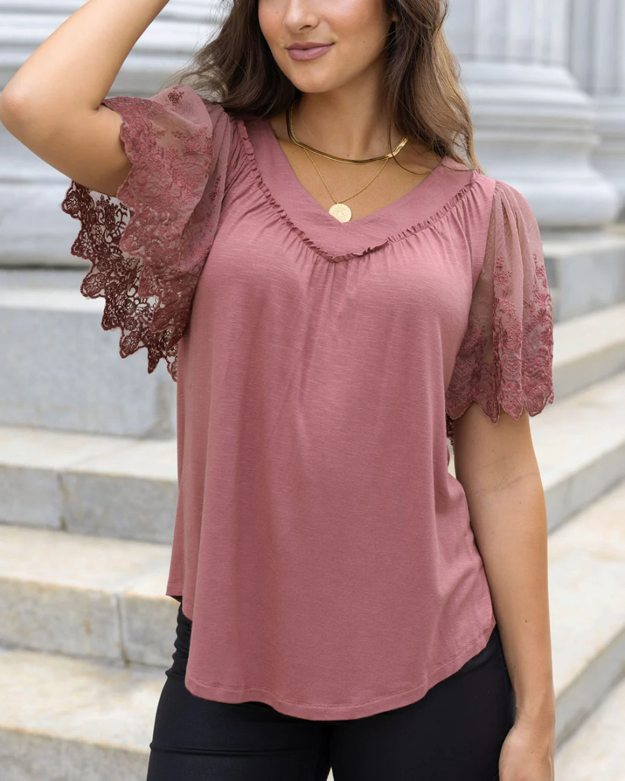 Grace and Lace- Sable Rose Dawn Lace Sleeve Top