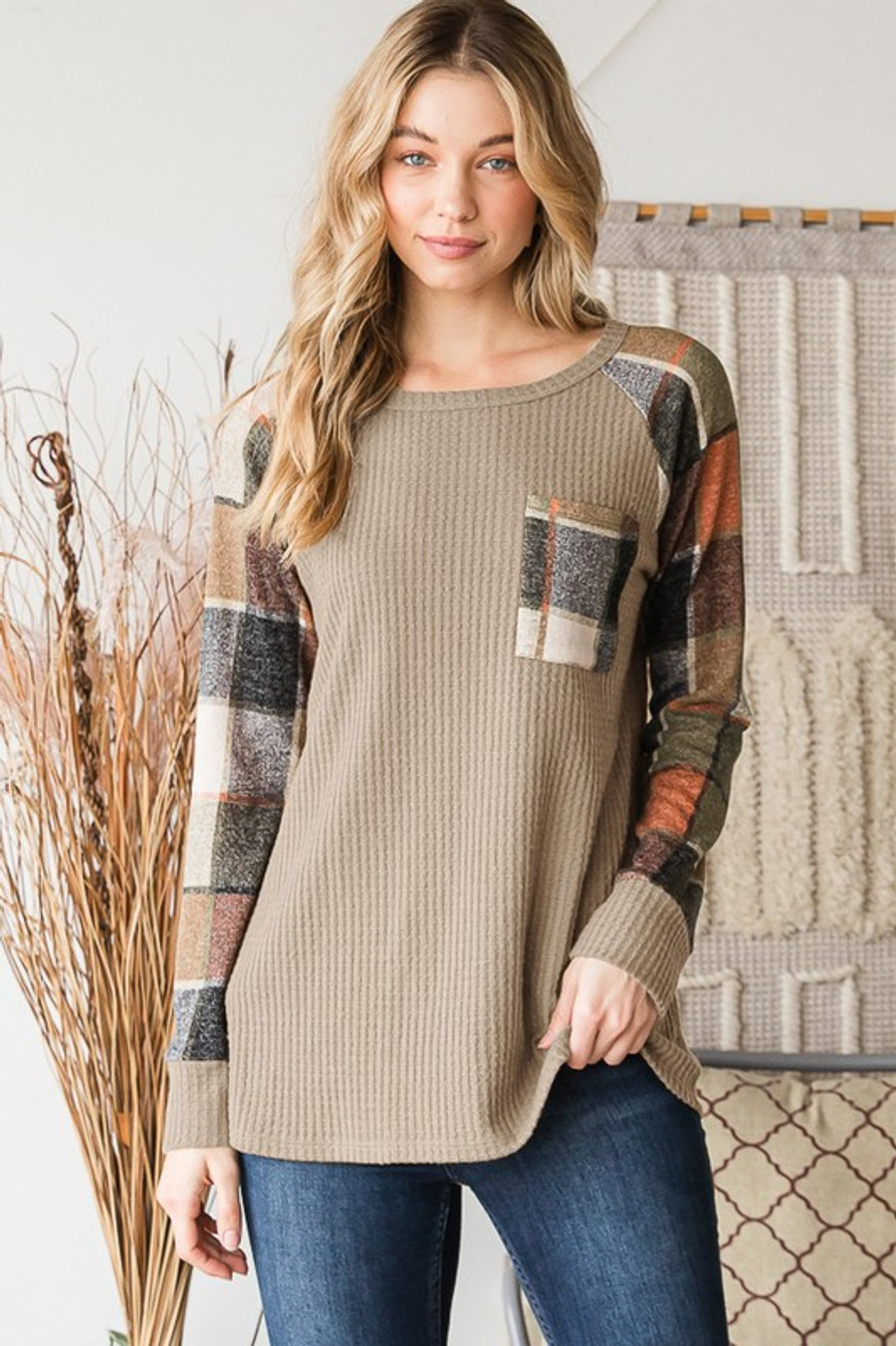 Solid Waffle and Plaid Top In Taupe - Plus Size