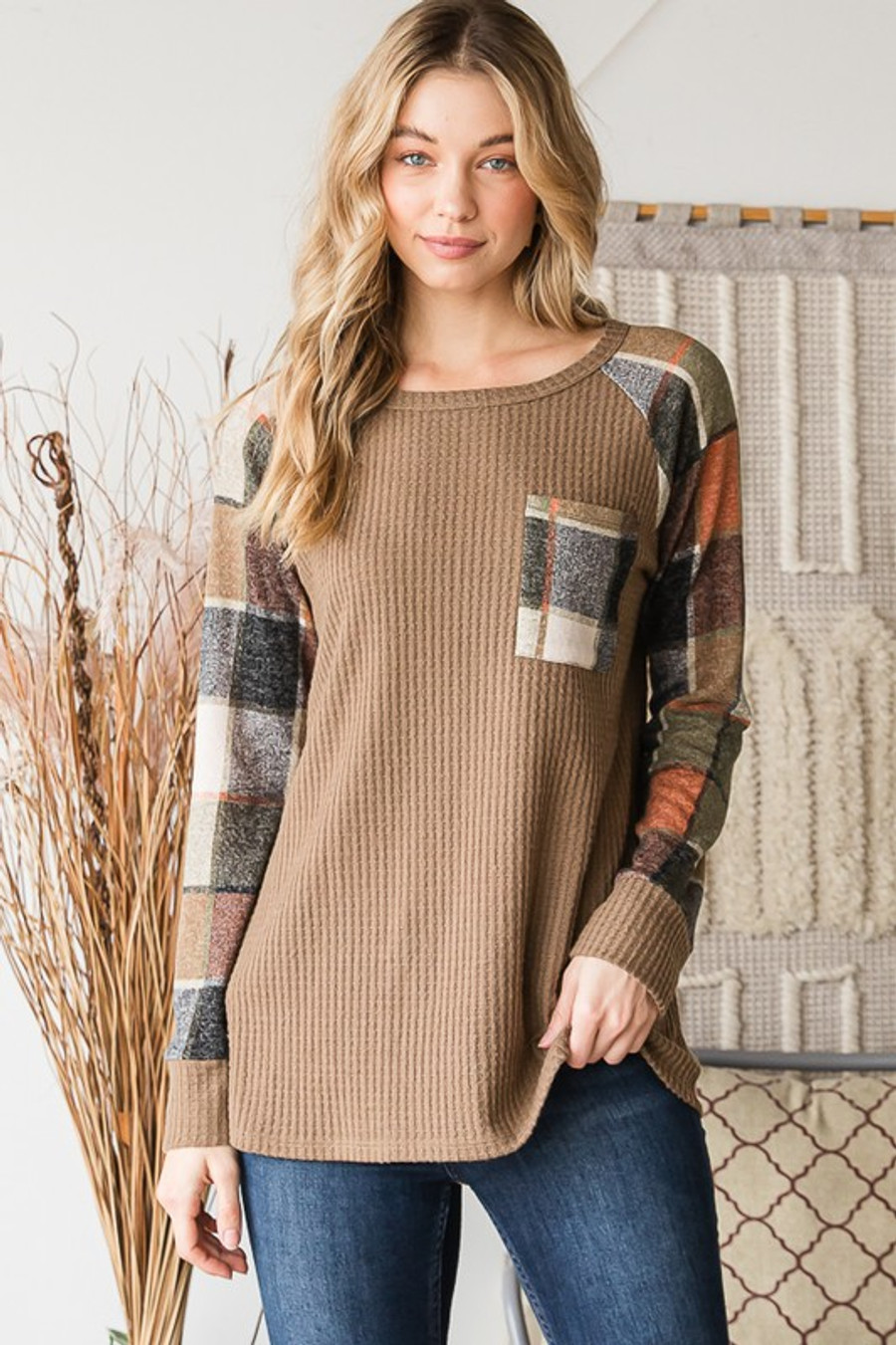 Solid Waffle and Plaid Top In Taupe - Plus Size