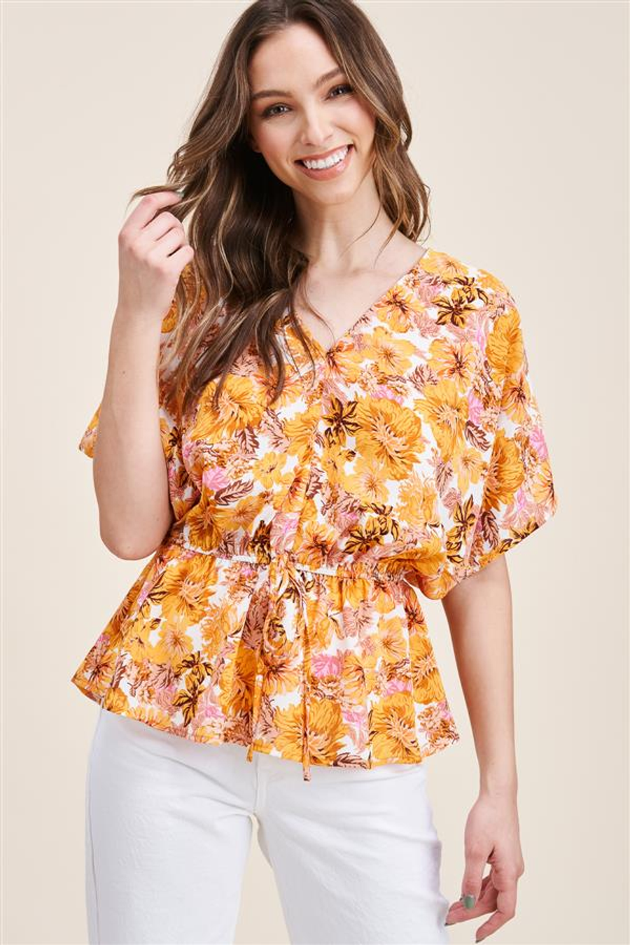 Staccato Kimono Sleeve Floral Top In Mustard