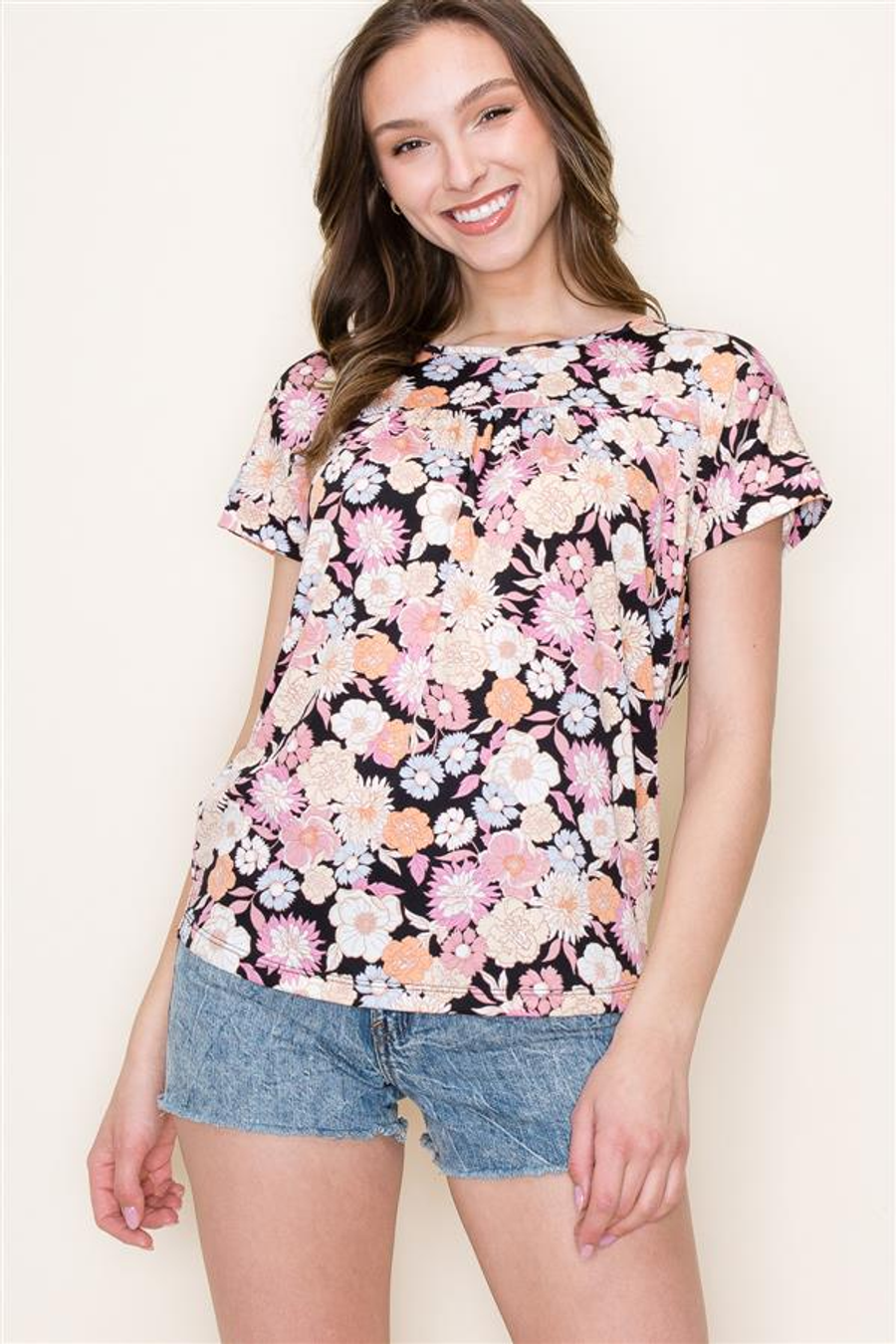 Staccato Floral Print Top In Black