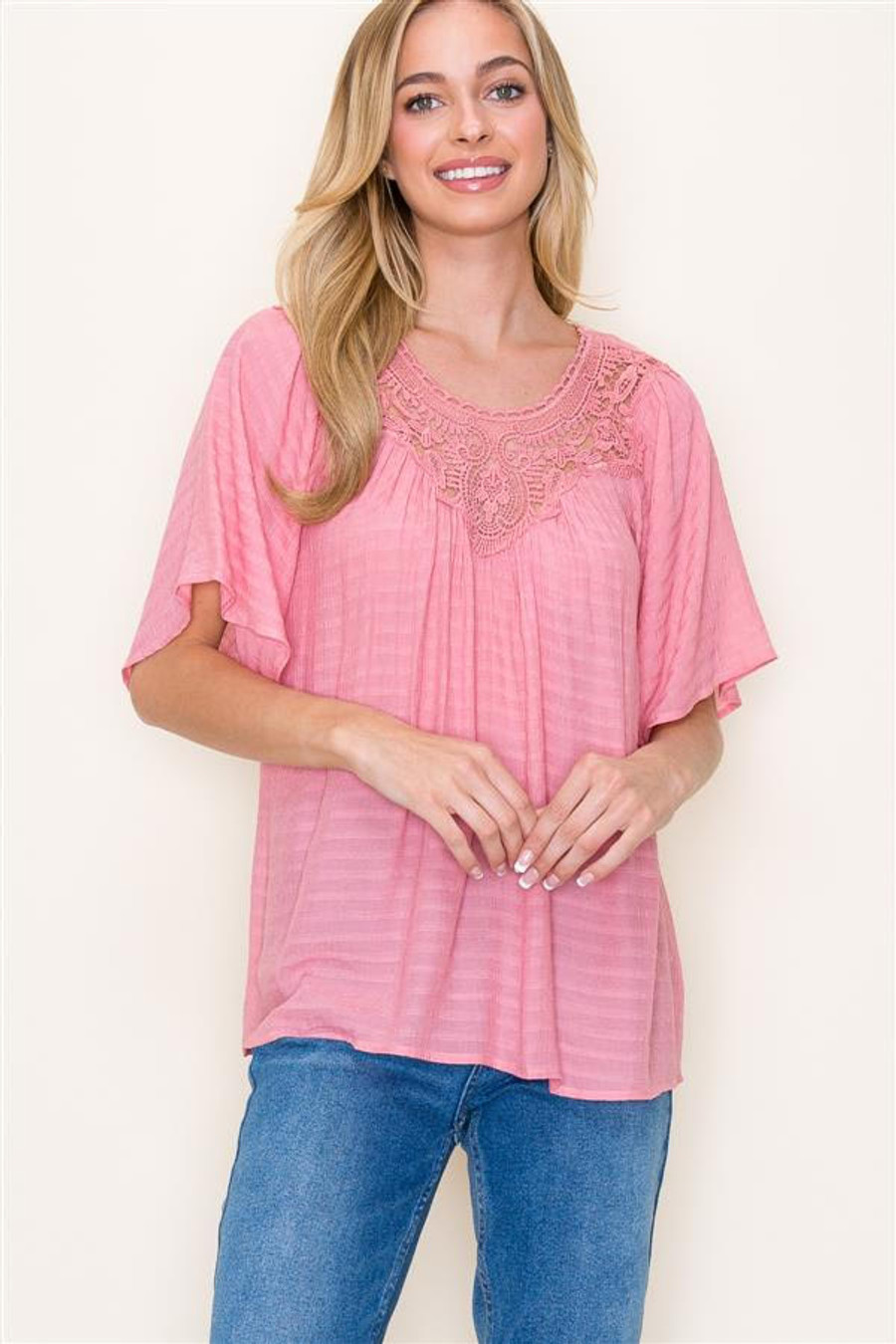 Staccato Bell Sleeve Crocheted Neck Top In Coral