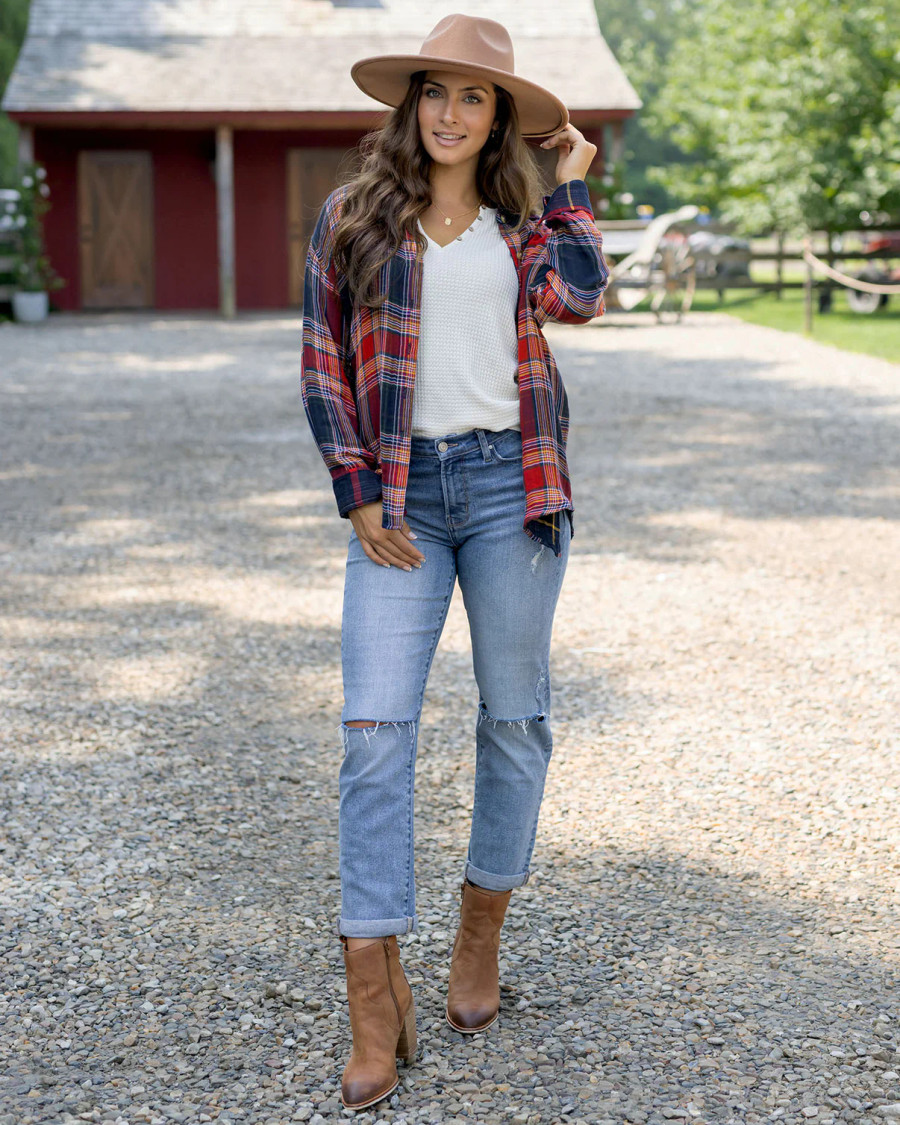 Grace and Lace- Reversible Plaid Shirt - Red/Navy Plaid