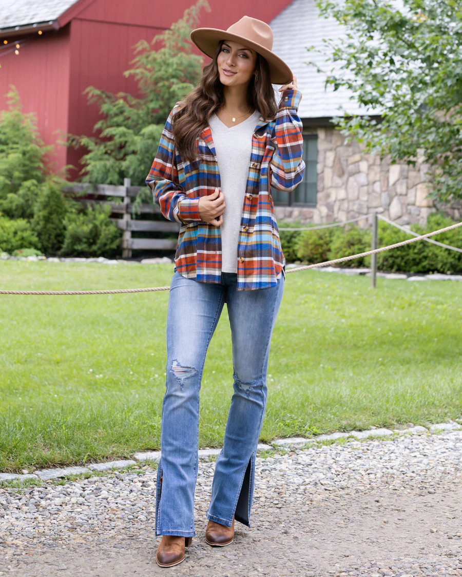 Grace and Lace- Stretch Flex Denim/Rust Plaid Hooded Shacket