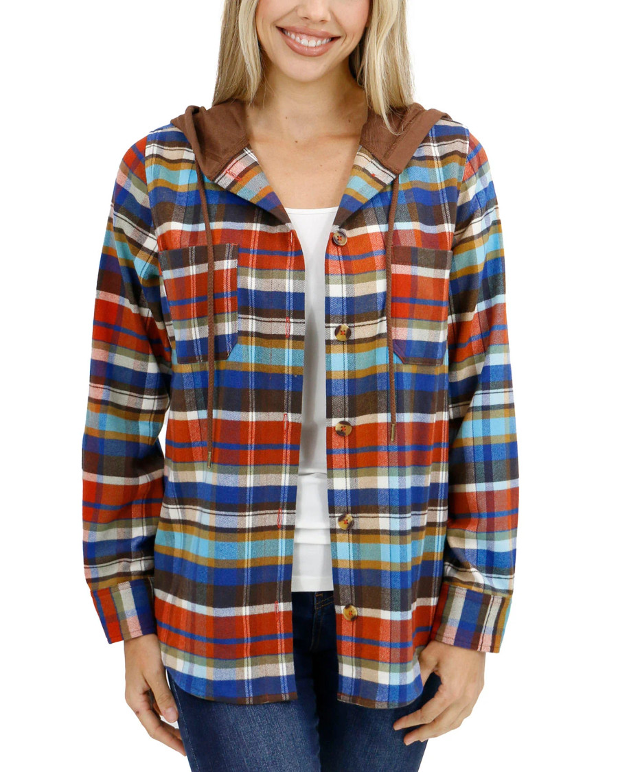 Grace and Lace- Stretch Flex Denim/Rust Plaid Hooded Shacket