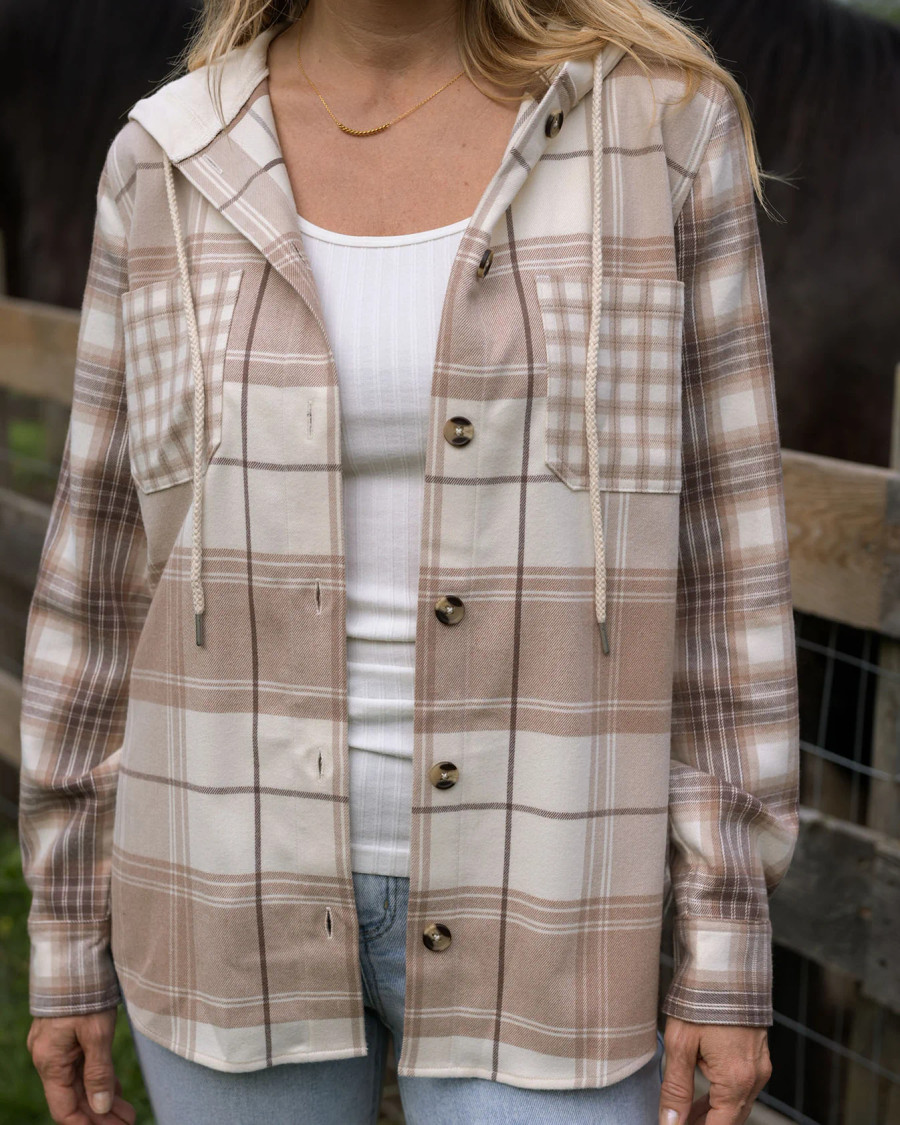 Grace and Lace- Stretch Flex Hooded Shacket - Mixed Neutral Plaid