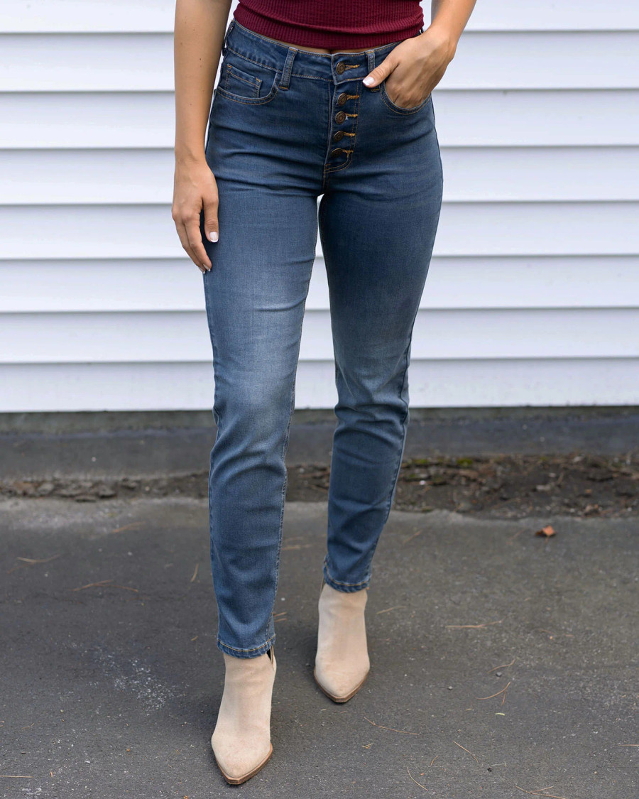 Grace and Lace- Button Fly Repurposed Slim Straight Leg Denim