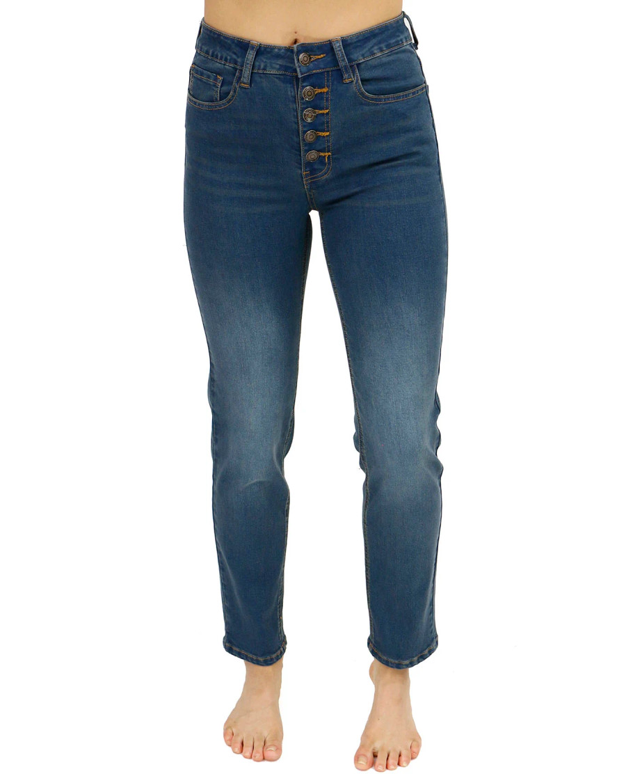 Grace and Lace- Button Fly Repurposed Slim Straight Leg Denim