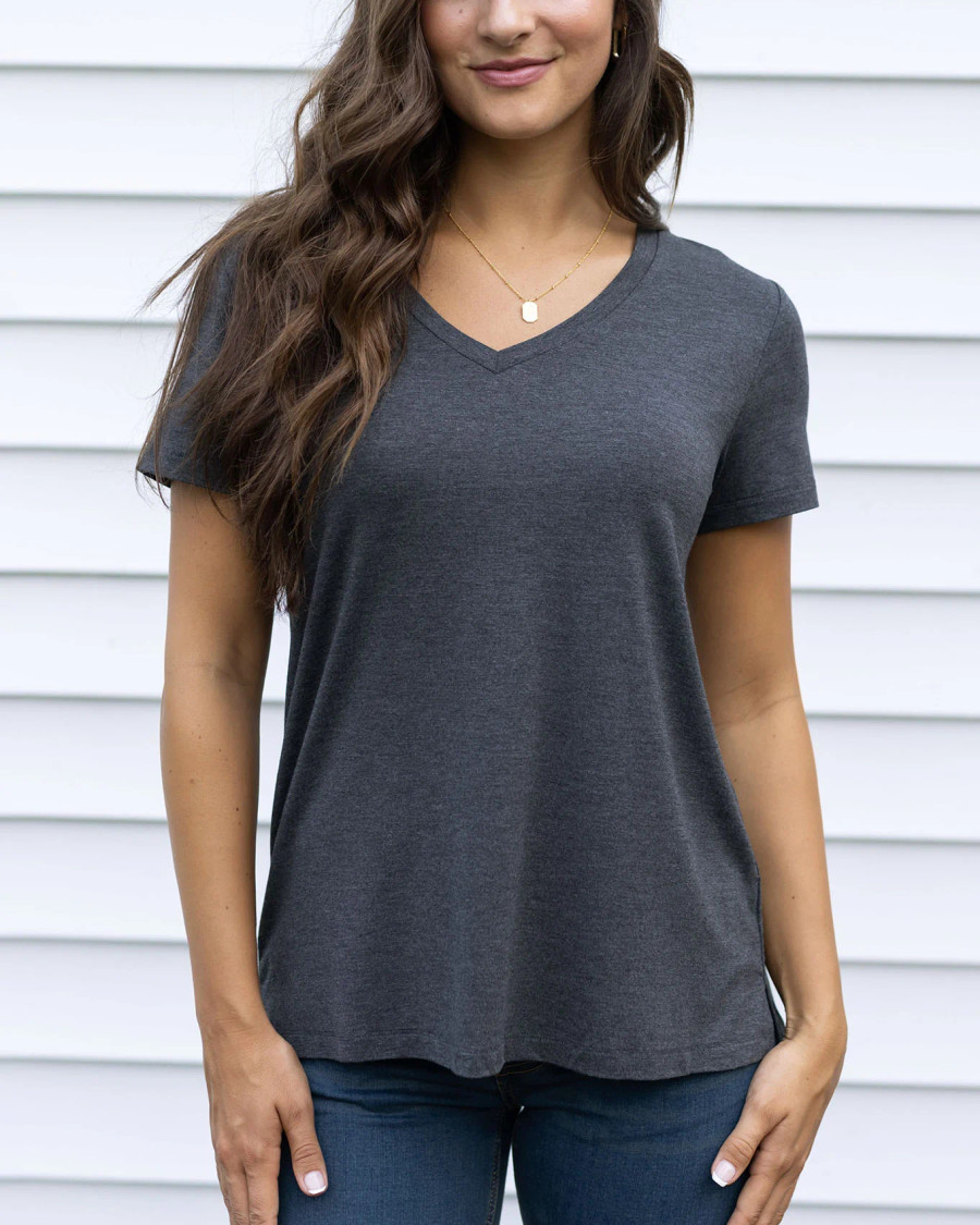 Grace and Lace- VIP Favorite Perfect Charcoal V-Neck Tee