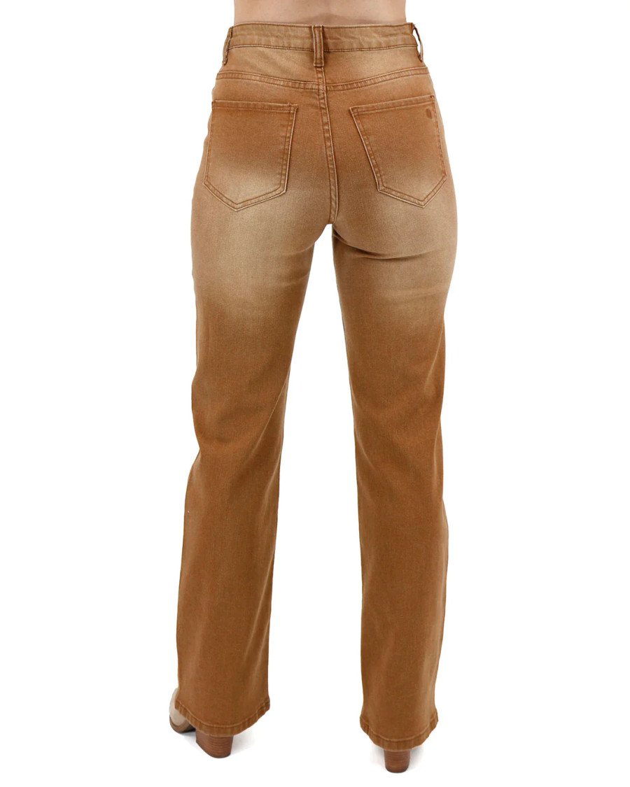 Button Fly Premium Wide Leg Denim in Cognac