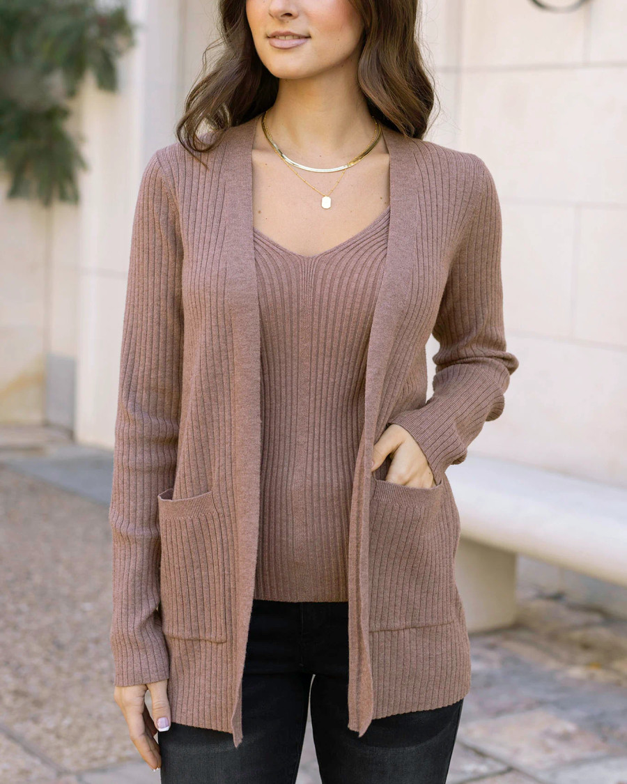 Grace and Lace - Ribbed Knit Cardigan - Latte