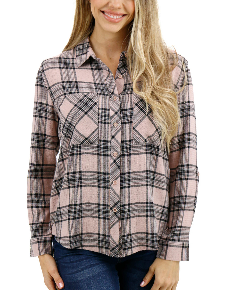 Grace and Lace - Favorite Button Up Top - Blush-Black Plaid