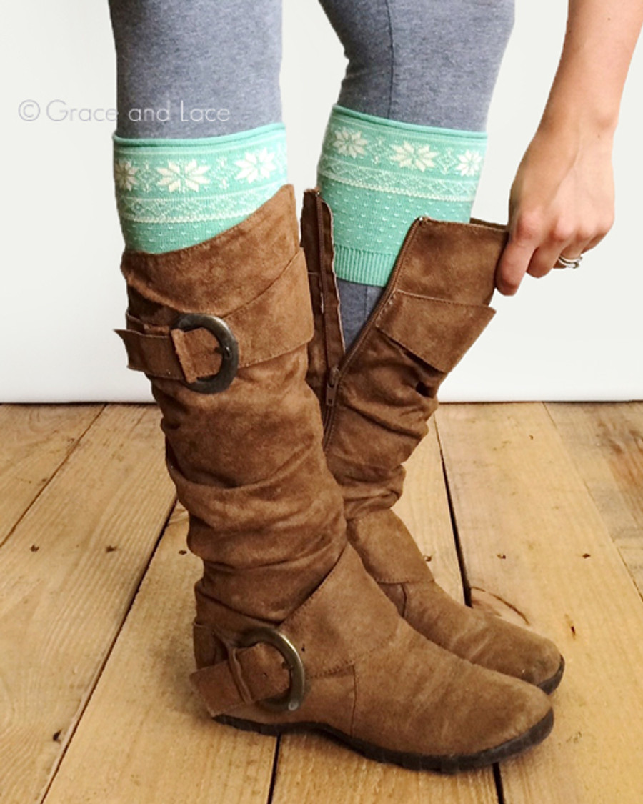 Grace and Lace Patterned Boot Cuffs - Snowflake (mint/cream)