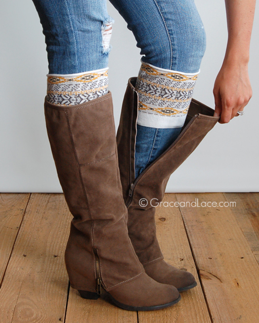 Grace and Lace Patterned Boot Cuffs - Aztec (gray/yellow)