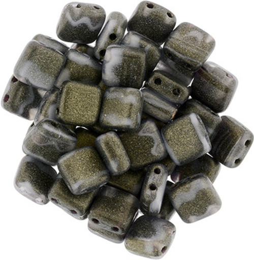 CzechMates Tile 6mm Bead, Sueded Gold Jet/Gray Stripe - 50pcs