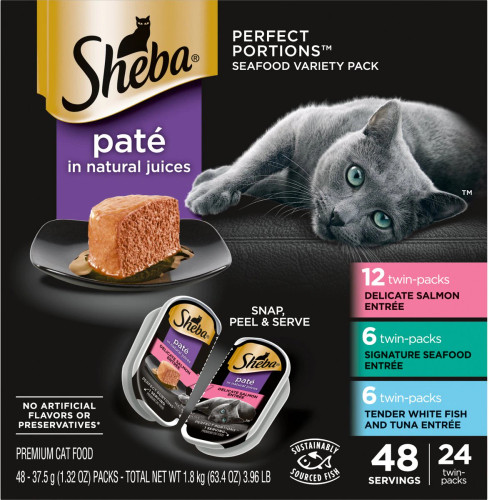 Sheba Perfect Portions Seafood Pate Variety Pack Grain-Free Adult Wet Cat Food Trays, 2.6-oz, case of 24 twin-packs Sheba Perfect Portions Seafood Pate Variety Pack Grain-Free Adult Wet Cat Food Trays, 2.6-oz, case of 24 twin-packs