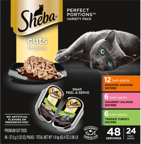 Sheba Perfect Portions Grain-Free Roasted Chicken, Gourmet Salmon & Tender Turkey Cuts in Gravy Variety Pack Adult Wet Cat Food Trays, 1.3-oz, case of 24 twin-packs Sheba Perfect Portions Grain-Free Roasted Chicken, Gourmet Salmon & Tender Turkey Cuts in Gravy Variety Pack Adult Wet Cat Food Trays, 1.3-oz, case of 24 twin-packs