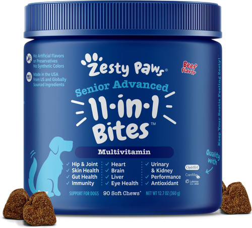 Zesty Paws Senior Advanced 11-in-1 Bites Beef Flavored Soft Chews Multivitamin Supplement for Senior Dogs, 90 count Zesty Paws Senior Advanced 11-in-1 Bites Beef Flavored Soft Chews Multivitamin Supplement for Senior Dogs, 90 count