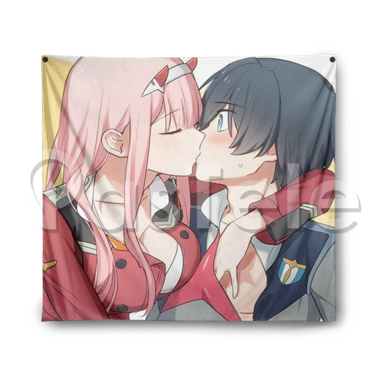 Zero Two and Hiro Kiss Custom Printed Silk Fabric Tapestry Indoor