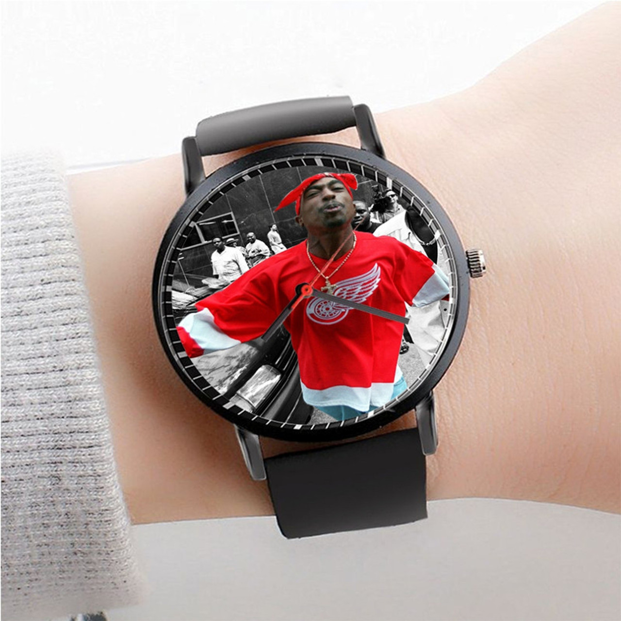 Pastele Tupac Shakur Red Wings T shirt Mens 2pac tee Watch Custom Unisex  Black Quartz Watch