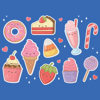 Pastele Delicious And Sweet Products Kawaii Characters Clipart Collection Set of Digital Download Editable Artwork Ready to Use PNG EPS 300 Dpi File Bundles Clip Art for Wallpaper Wall Decor T-Shirt Clothing Fabric Print Embroidery Paper products