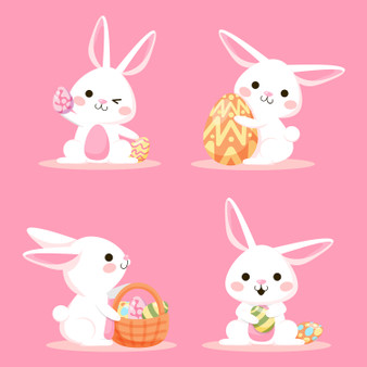 Pastele Easter Bunnies Cute Clipart Collection Set of Digital Download Editable Artwork Ready to Use PNG EPS 300 Dpi File Bundles Clip Art for Wallpaper Wall Decor T-Shirt Clothing Fabric Print Embroidery Paper products Invitations Stickers