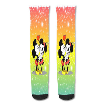 Pastele Mickey Mouse And Minnie Mouse Kiss Custom Personalized Sublimation Printed Socks Polyester Acrylic Nylon Spandex